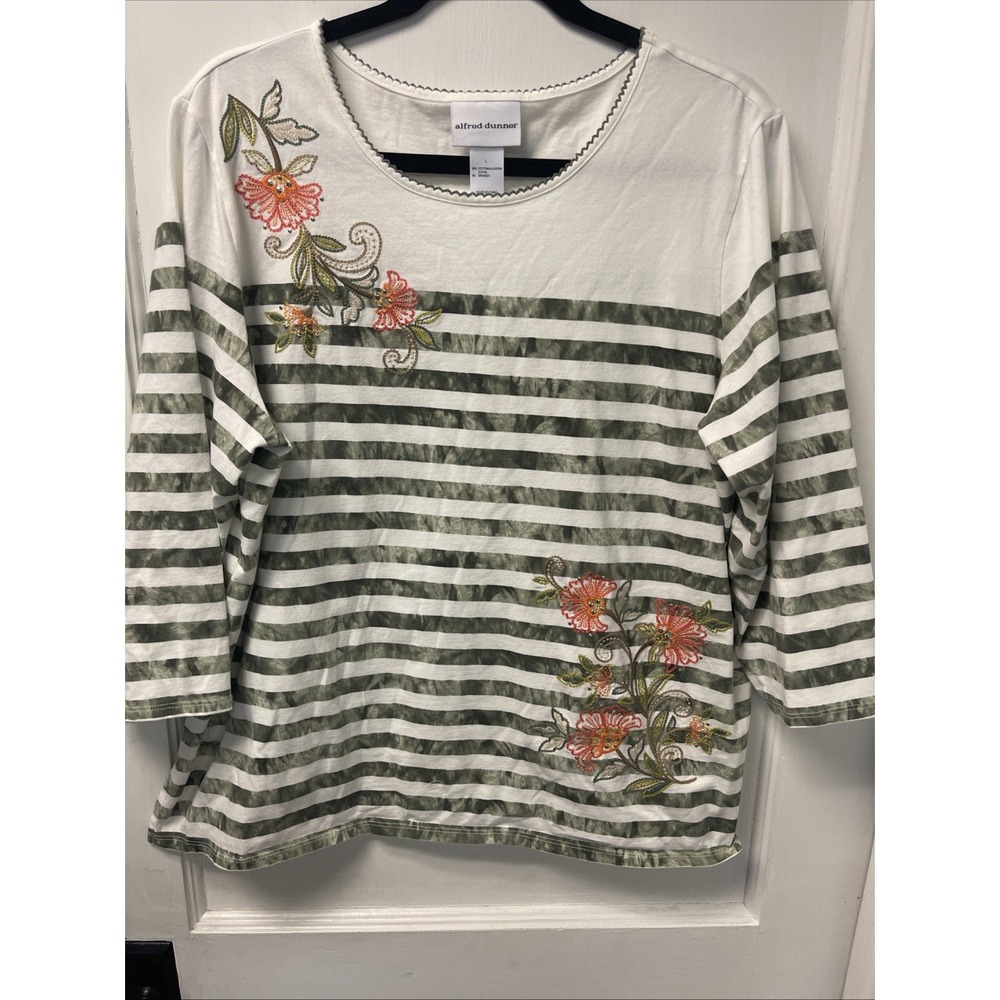 Alfred Dunner Women's Floral/Stripe 3/4 Sleeve Shirt with Flowers Beading SZ L